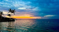 a sunset over a body of water with palm trees